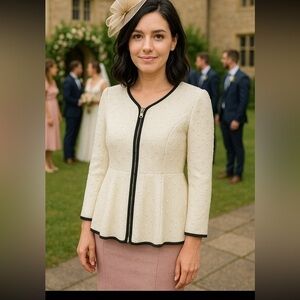 NWOT Red Coral Collection white tweed-ish top/jacket with black piping